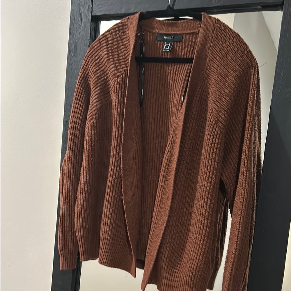 Brown Ribbed Open-Front Sweater